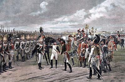 Наполеон обходит строй русской гвардии в Тильзите