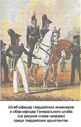 Штаб-офицер гвардейских инженеров и обер-офицер Генерального штаба (на рисунке слева направо) среди гвардейских адъютантов.